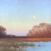 lever de soleil sur le marais peinture à l'huile animalier, renard en hiver