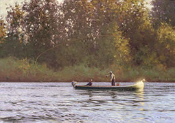 Evening Light on the Restigouche, painting of salmon fisherman on the river