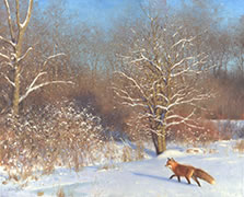 First Snow, Last Nigh peinture à l'huile, renard roux, traverser un champ d'hiver enneigé