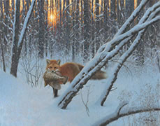 Fox with Grouse, oil painting of fox with grouse in a forest at sundown