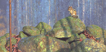 oil painting of chipmunk on stone wall in spring forest